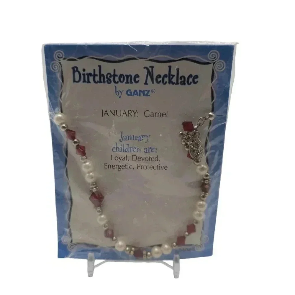 Kids Ganz Faux Pearl Beaded January Birthstone Garnet Necklace Silver Tone
